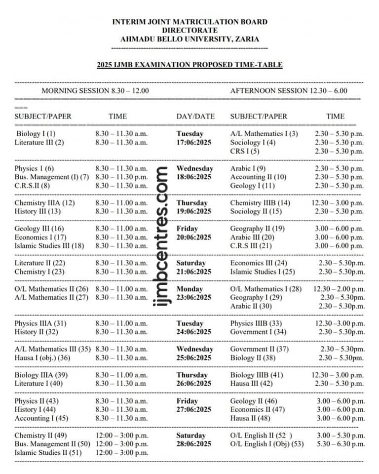 IJMB 2025 Timetable